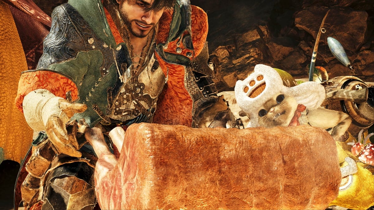 The player and their Palico companion about to eat some meat in Monster Hunter Wilds